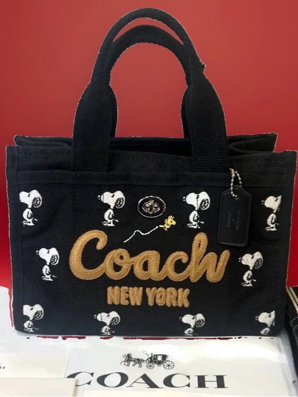 NWT COACH × PEANUTS Cargo Tote Bag Snoopy 
Black Sporty Fun Two Way Crossbody
